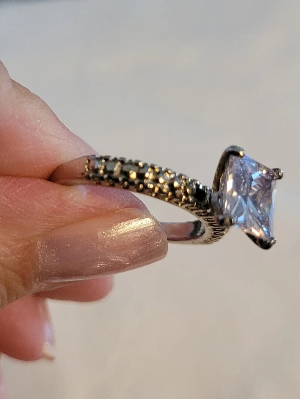 Silver-Tone Princess Cut Clear CZ Solitaire Ring Paved Band - Size 9